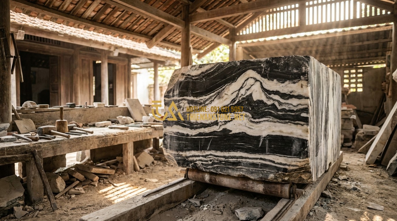 Tạo ảnh tiếng Anh: A master artisan in a traditional Vietnamese workshop, carefully selecting a massive, raw natural stone block with beautiful veins. Sunlight filters through the workshop, highlighting the texture of the stone and the tools. Professional photography, artistic and cinematic lighting.