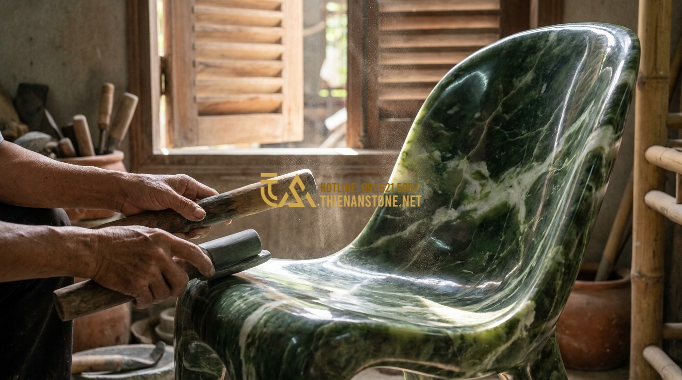 Tạo ảnh tiếng Anh: Detailed shot of artisan hands using traditional tools to polish a curved stone chair. Dust particles reflect in the light. The stone reveals intricate marble-like veins. High-end craftsmanship, close-up, authentic atmosphere.
