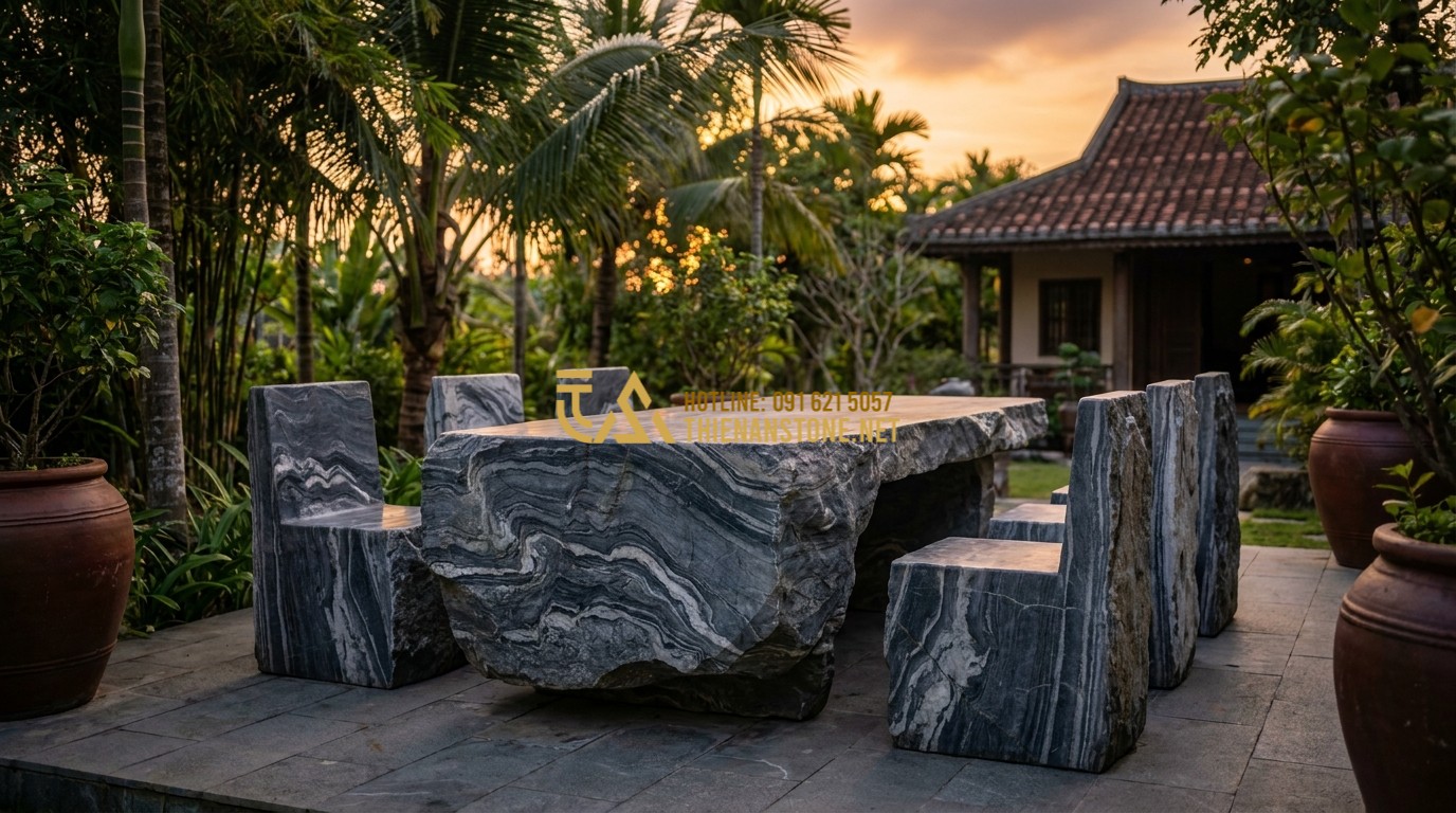 Tạo ảnh tiếng Anh: A luxury villa garden featuring a grand natural stone table set. The table surface shows unique, flowy patterns like a traditional landscape painting. Surrounding the table are matching stone chairs. Modern garden design, high resolution, soft sunset lighting.