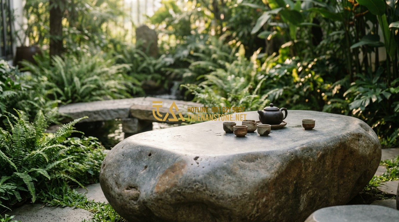 Tạo ảnh tiếng Anh: A serene backyard of a contemporary home with a massive monolithic stone table. A teapot and ceramic cups are on the table. In the background, there's a small stone bridge and lush ferns. Tranquil and zen atmosphere, high resolution.