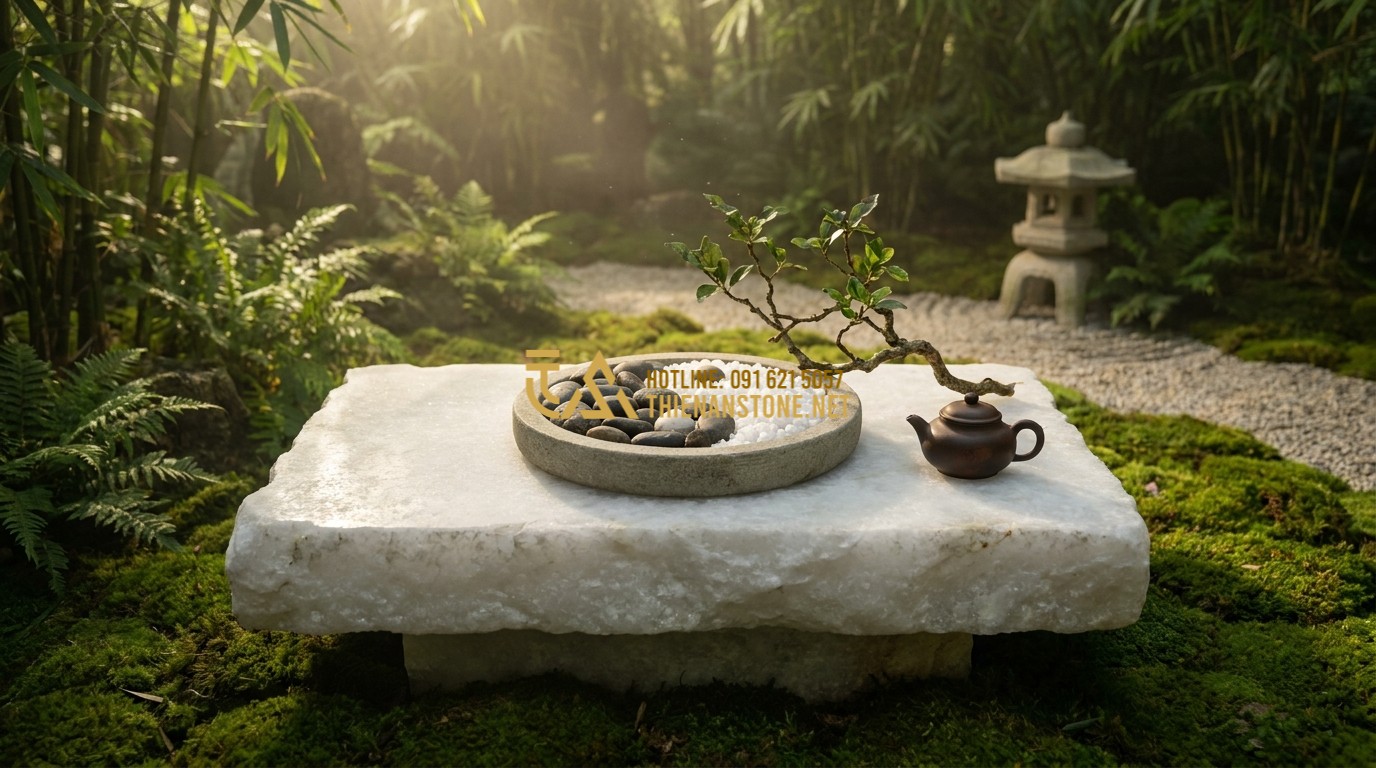 Tạo ảnh tiếng Anh: A conceptual image of a stone table in a Zen garden with Yin-Yang balance elements. Soft sunlight, balanced composition, emphasizing the harmony between stone and spiritual energy. Peaceful and mystical vibe.
