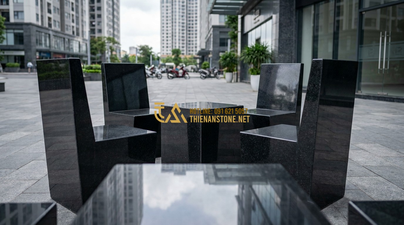 Tạo ảnh tiếng Anh: A set of polished black granite table and chairs in a high-end commercial plaza. The surface reflects the sky and city buildings. Durable, strong, and modern industrial look. Commercial photography style.
