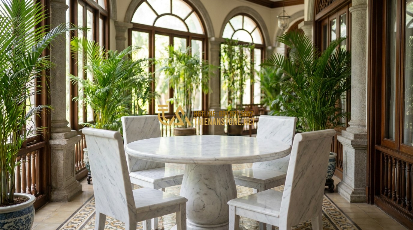 Tạo ảnh tiếng Anh: White marble table and chairs with grey veins, placed in a luxurious indoor sunroom. Tall plants and natural light enhance the elegance. Classical architecture style, peaceful and high-end living space.