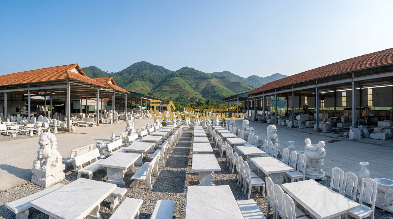 Tạo ảnh tiếng Anh: A wide panoramic shot of the Thien An Stone workshop in Phu Tho, Vietnam. Rows of finished stone tables, chairs, and sculptures under a bright sky. Professional, organized, and grand industrial atmosphere.