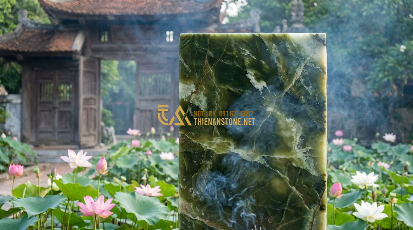 Tạo ảnh tiếng Anh: A serene Buddhist temple entrance featuring a large vertical stone slab with calligraphic inscriptions. The stone is surrounded by lotus ponds and incense smoke, creating a spiritual and timeless atmosphere.