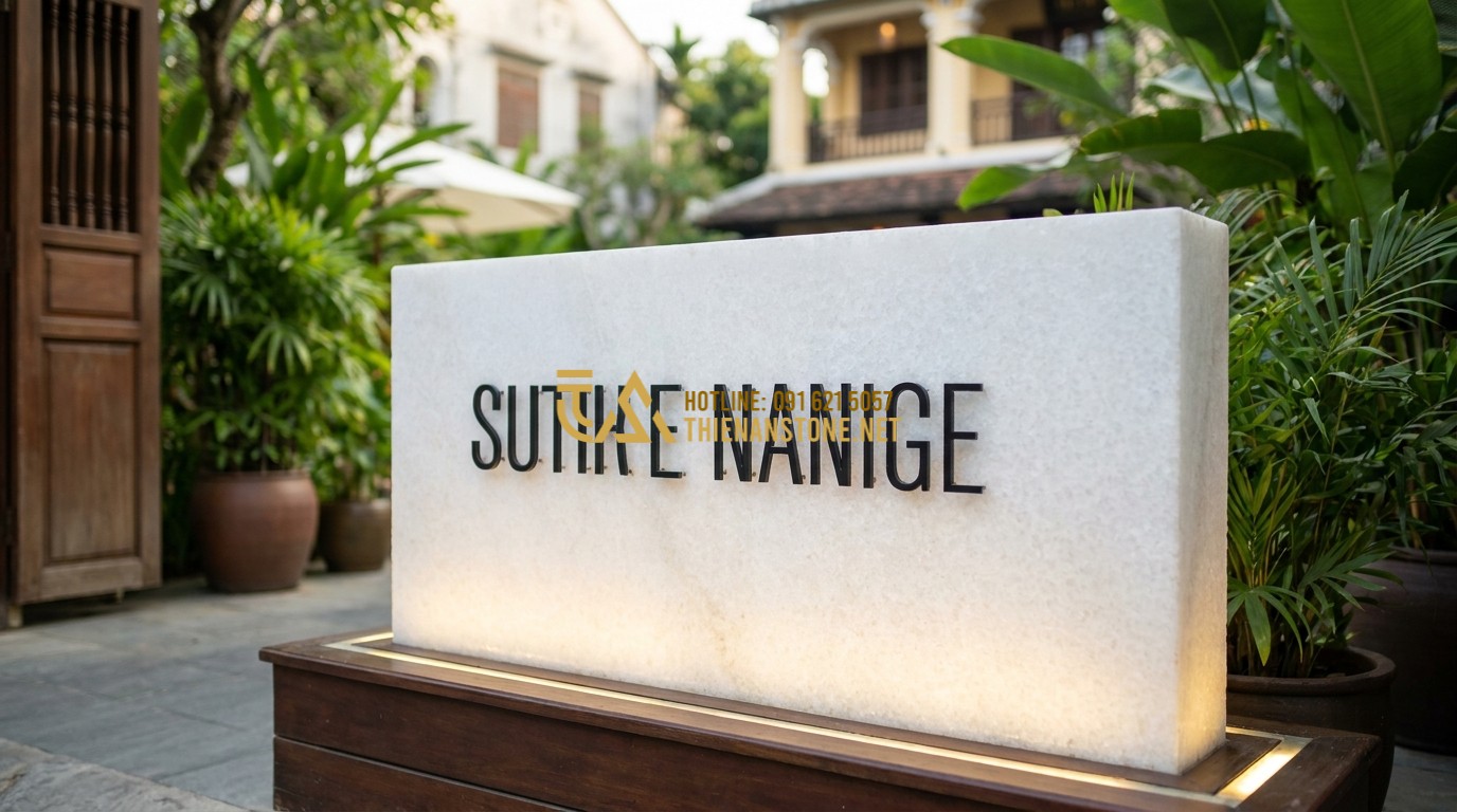 Tạo ảnh tiếng Anh: An elegant white marble sign installed in front of a luxury boutique hotel. The soft grey veins of the marble flow across the sign, complemented by minimalist black metal letters. High-end lighting accentuates the stone's texture.