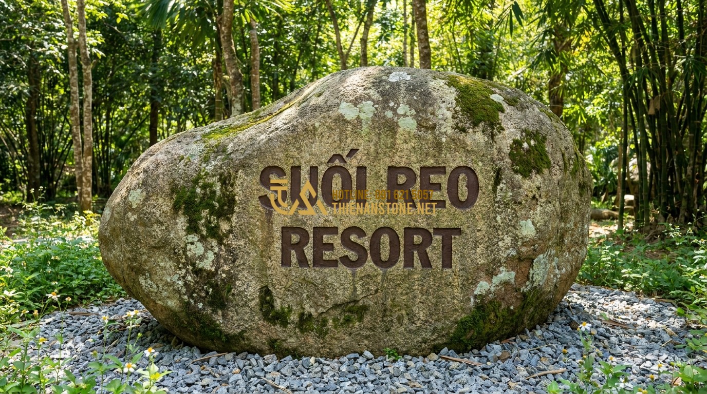 Tạo ảnh tiếng Anh: A rustic natural river boulder used as a signpost for a woodland resort. The surface is partially covered with lichen and moss, with the name of the resort hand-carved and painted in dark brown. The stone sits on a bed of gravel and wildflowers.