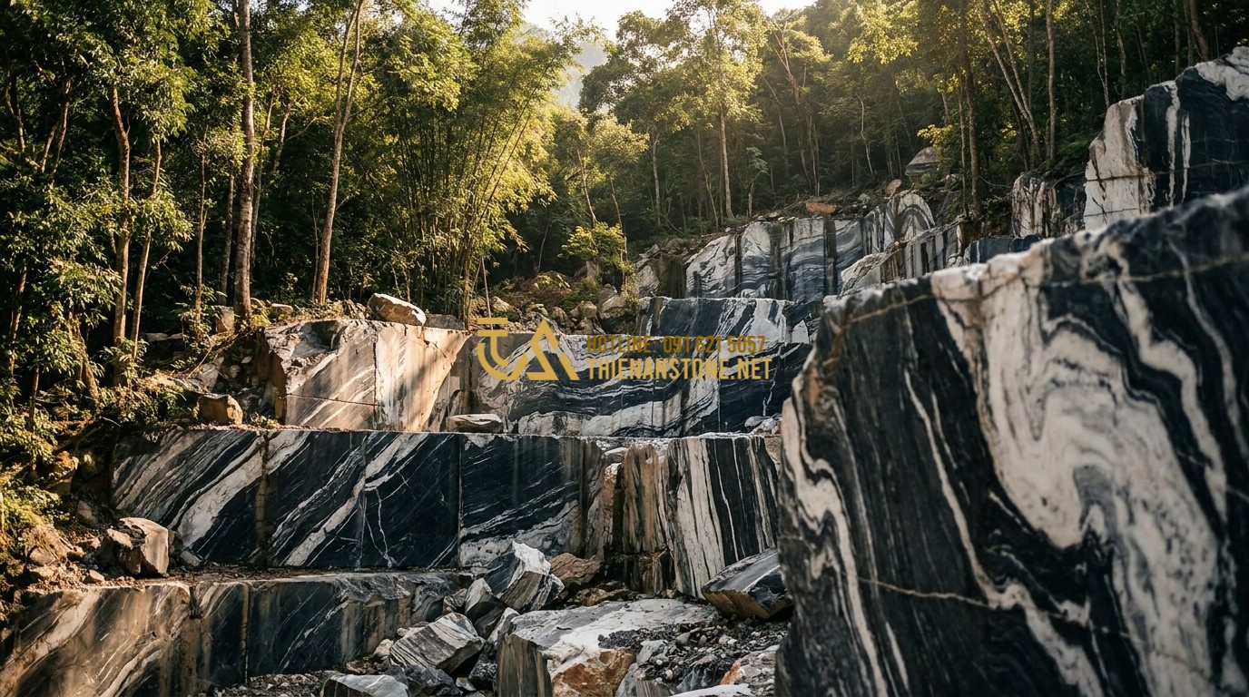 Tạo ảnh tiếng Anh: A majestic natural stone quarry located deep in the mountains, showing massive blocks of granite and marble. The sunlight filters through the trees, lighting up the raw textures and geological layers of the stone. Professional landscape photography, cinematic lighting.
