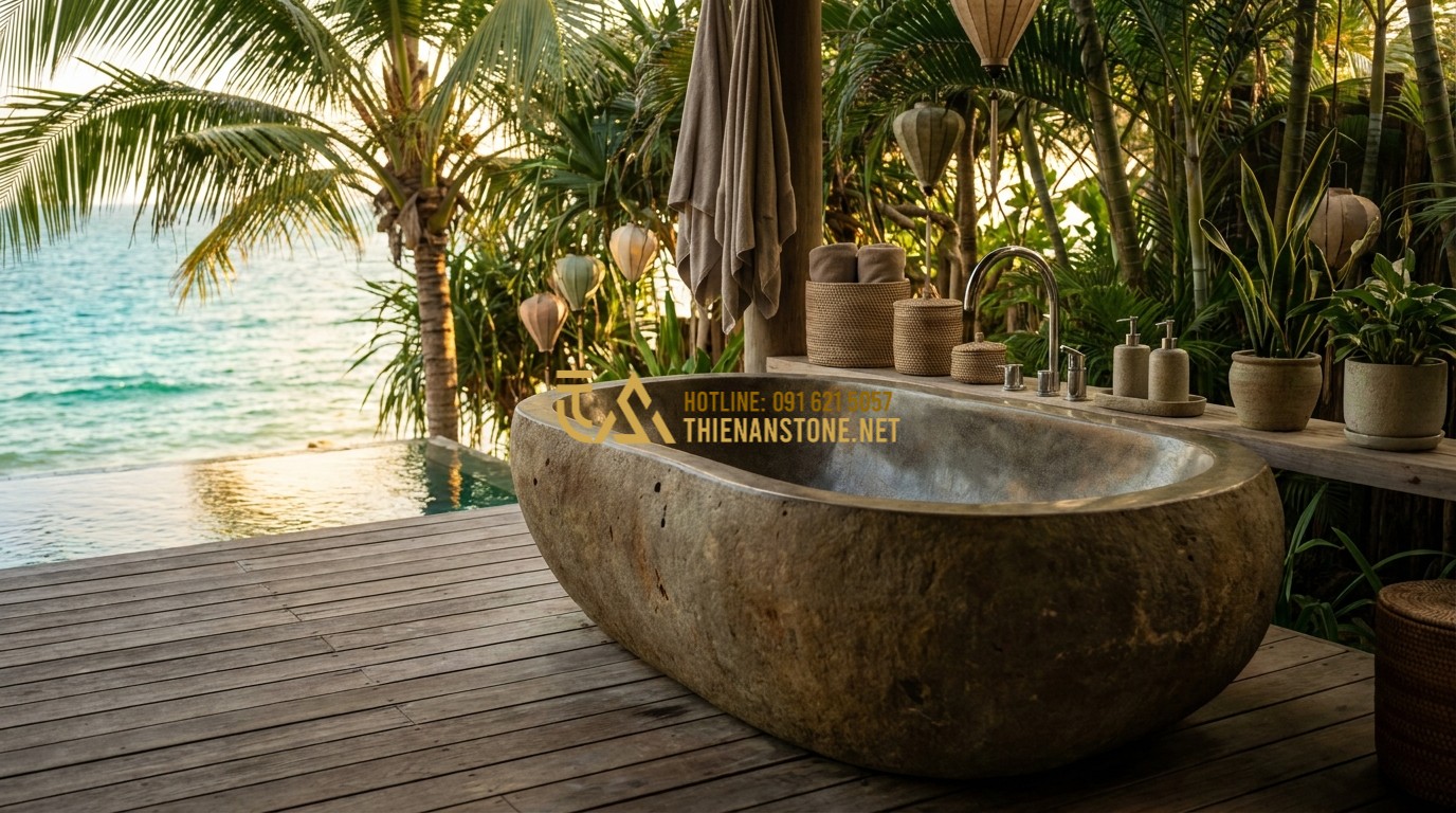 Tạo ảnh tiếng Anh: An outdoor bathroom at a high-end beach resort. A stone bathtub is positioned on a wooden deck overlooking the turquoise ocean at sunset. Tropical palm trees and luxury amenities surround the area, paradise holiday concept.