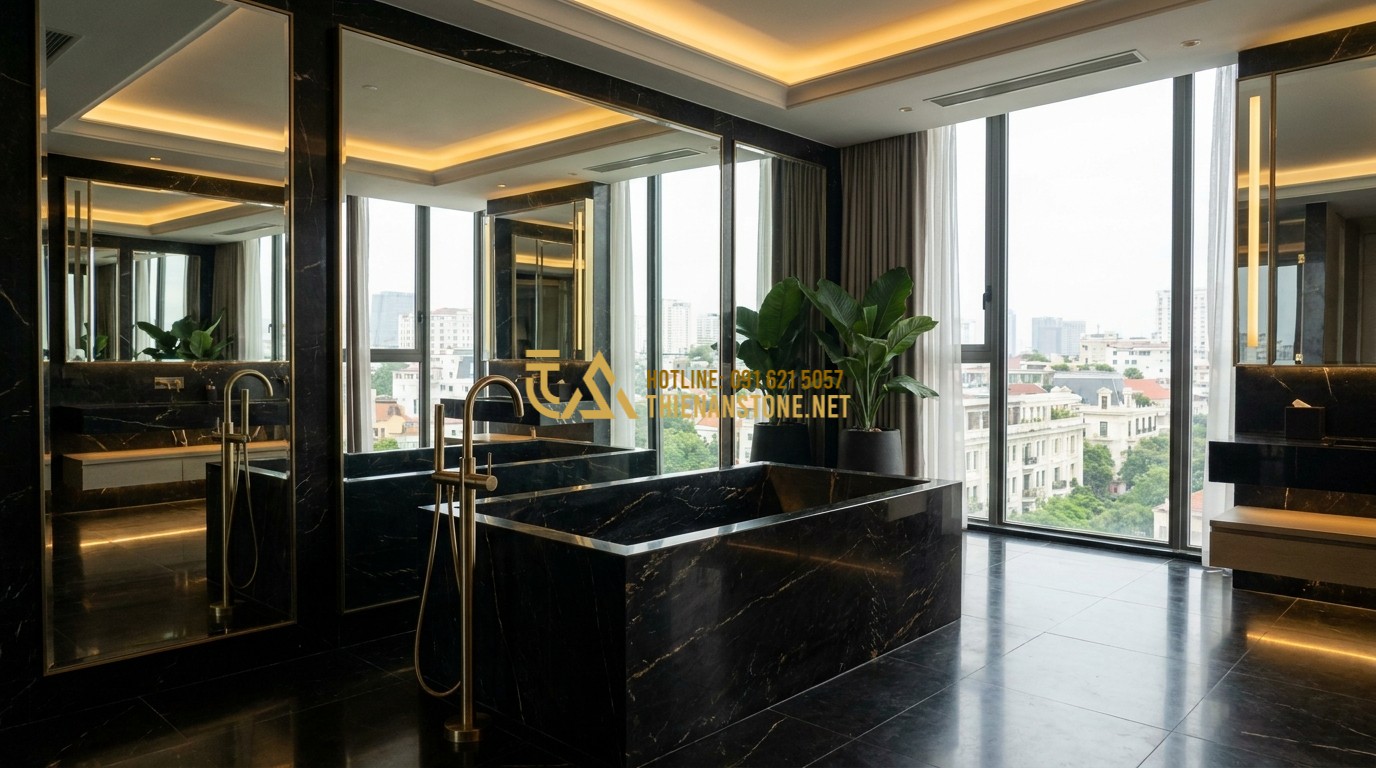 Tạo ảnh tiếng Anh: A modern master bathroom in a penthouse apartment. A custom-made marble bathtub is the focal point, paired with high-end brass faucets. Large mirrors and elegant lighting enhance the luxurious feel. Modern urban luxury living design.