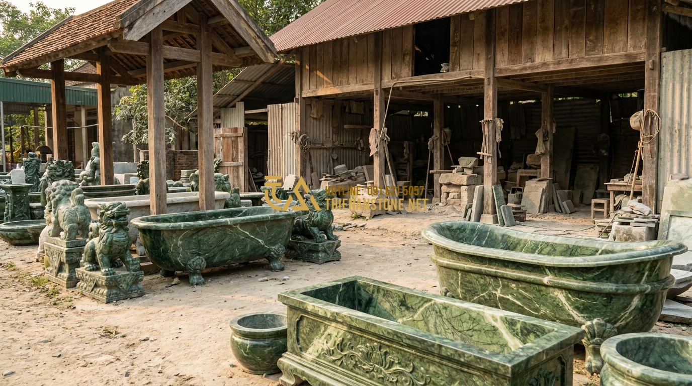 Tạo ảnh tiếng Anh: A group of Vietnamese stone artisans standing proudly in front of their workshop in Phu Tho province. They are surrounded by finished stone products, including tubs and statues. The atmosphere is warm, authentic, and professional, cultural heritage vibe.