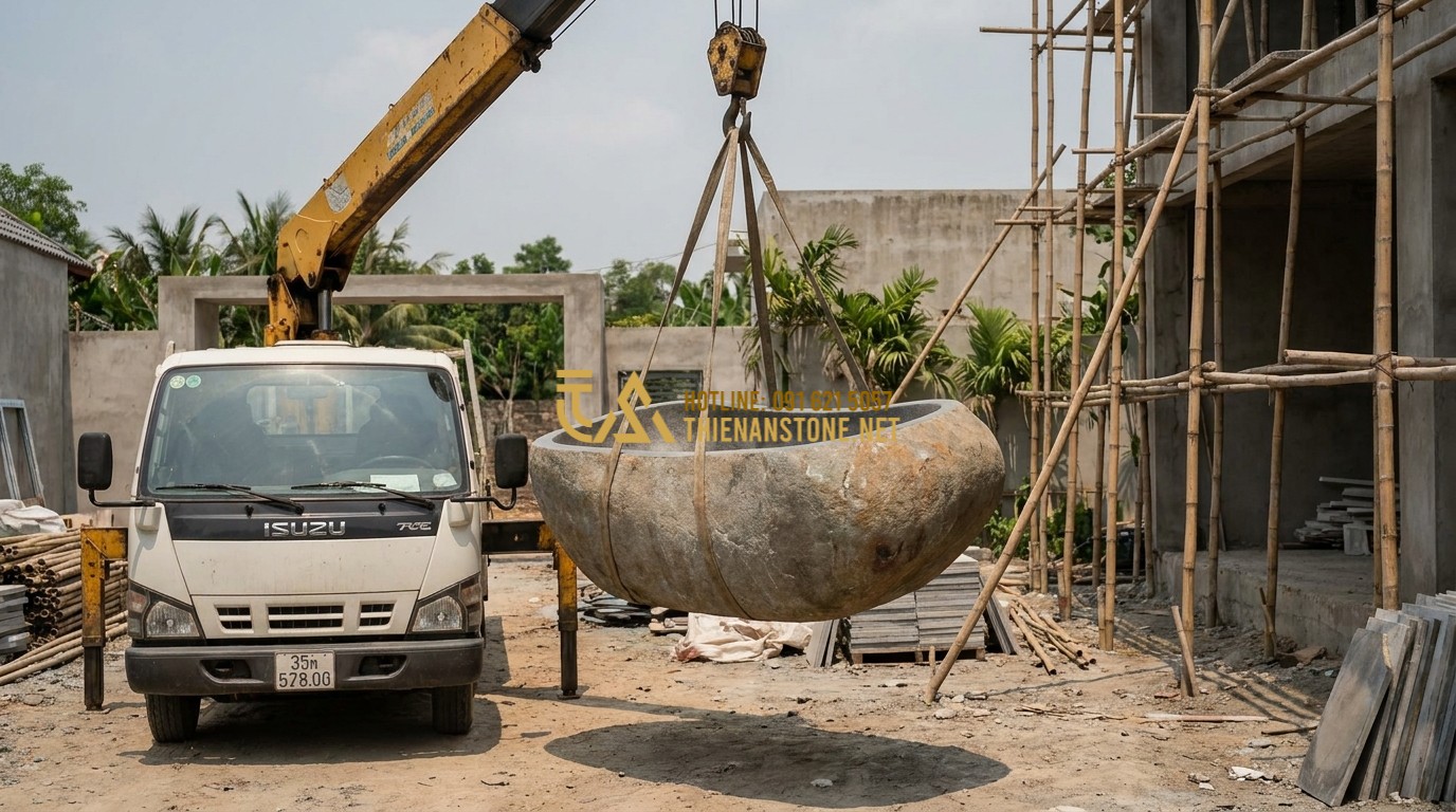 Tạo ảnh tiếng Anh: A professional delivery truck from Thien An Stone using a crane to carefully lift a stone bathtub into a luxury construction site. Workers are guiding the process with precision and care, showing high-quality service and logistics.