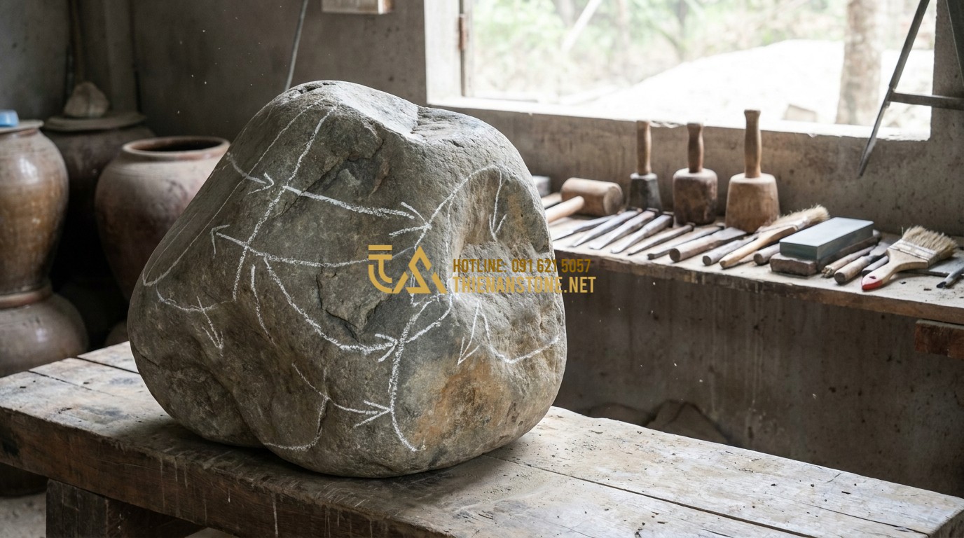 Tạo ảnh tiếng Anh: An expert stone artisan carefully inspecting a massive river boulder at a workshop. He is marking the stone with chalk, planning the carving process. Traditional tools are visible in the background, artistic workshop atmosphere, 8k resolution.