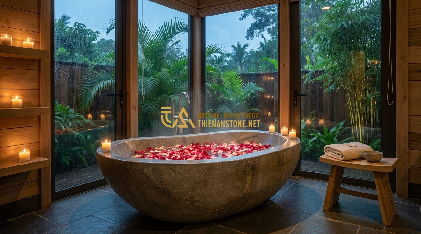 Tạo ảnh tiếng Anh: A serene luxury bathroom featuring a natural stone bathtub filled with warm water and floating rose petals. Soft candlelight creates a relaxing atmosphere. Large glass windows show a green garden outside. Interior design photography, spa vibe.