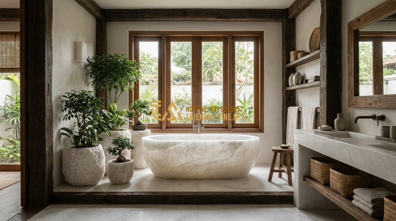 Tạo ảnh tiếng Anh: A high-end bathroom interior following Feng Shui principles. A stone bathtub is placed next to indoor green plants in stone planters. Natural light and wooden accents create a harmonious, zen-like environment.