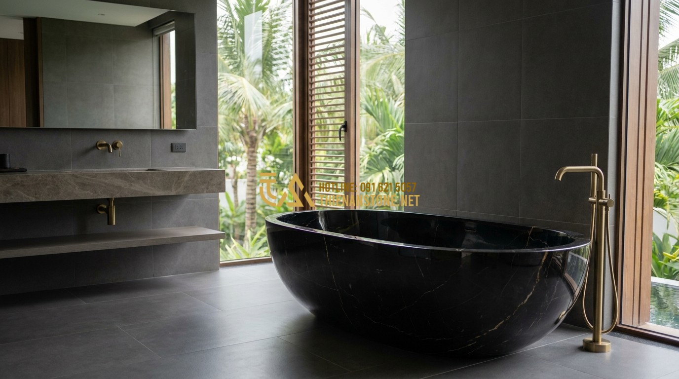 Tạo ảnh tiếng Anh: A modern luxury bathroom with a black granite bathtub shaped in a perfect oval. The stone surface has subtle white veins and a mirror-like polish. Contemporary fixtures and minimalist decor, high-end residential interior design.