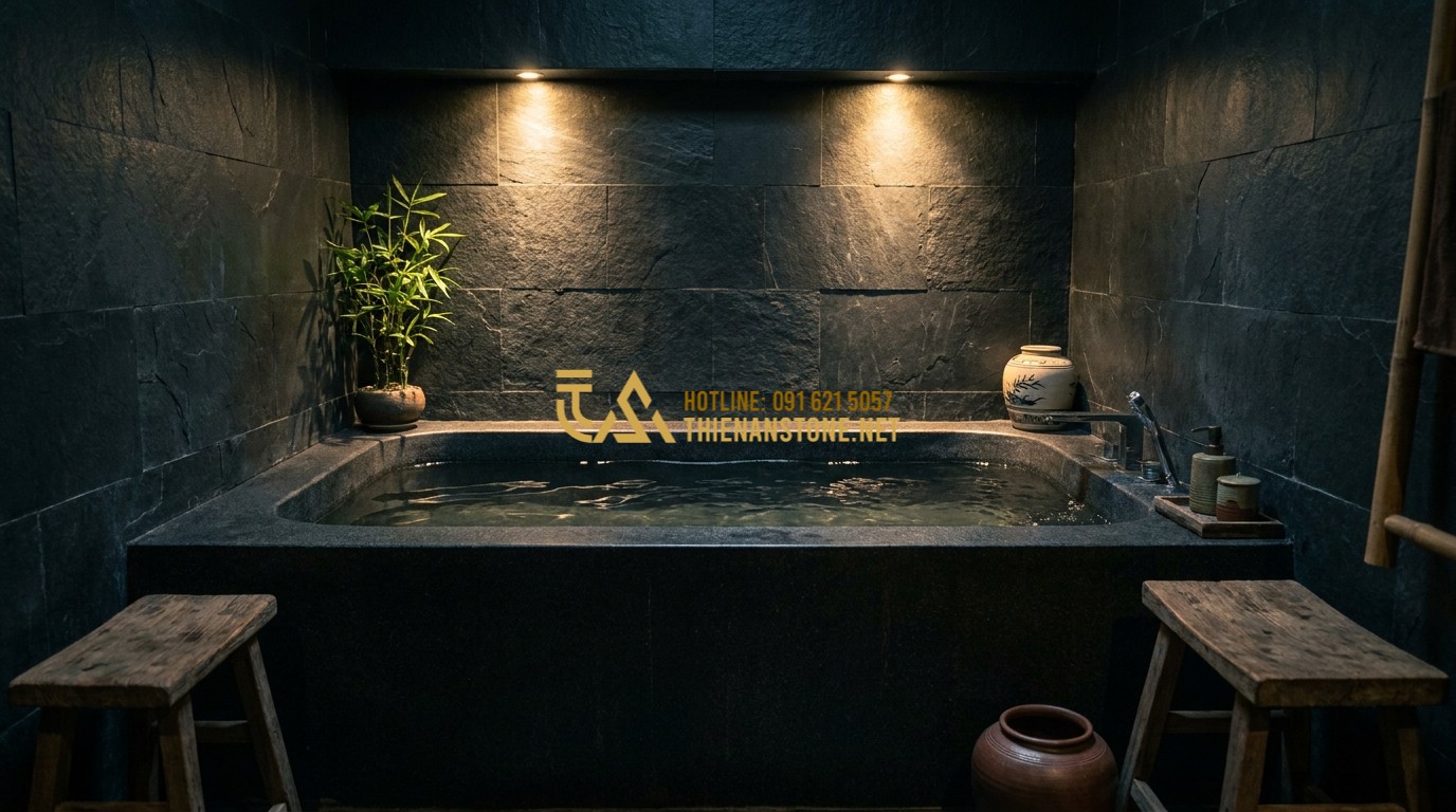 Tạo ảnh tiếng Anh: A dark basalt stone bathtub with a matte finish. It is located in a dark-themed bathroom with slate walls and soft spotlights. The water creates a beautiful ripple effect against the black stone, zen and meditative atmosphere.