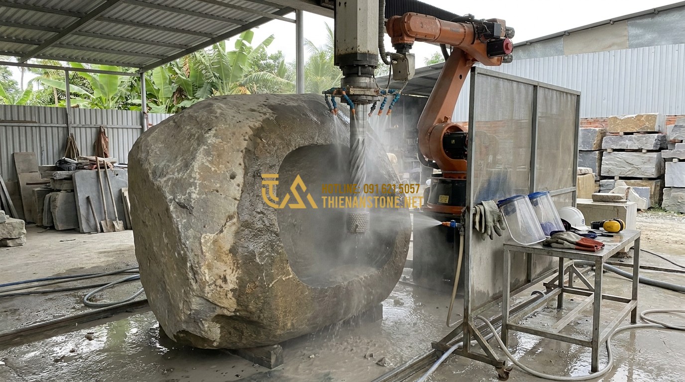 Tạo ảnh tiếng Anh: A stone carver using specialized industrial tools to hollow out the inside of a massive stone block. Water is sprayed to cool the stone and keep dust down. The craftsman wears protective gear, showing a professional and safe environment, action shot.