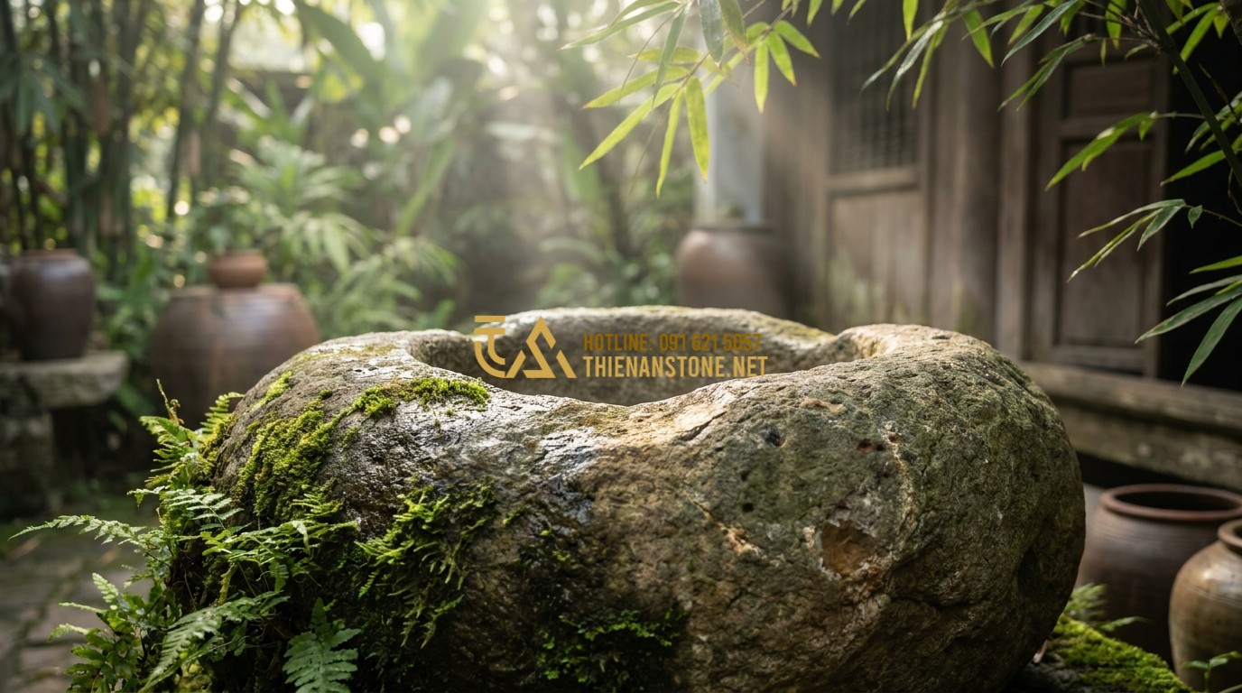 Tạo ảnh tiếng Anh: A cinematic close-up of an ancient, moss-covered natural stone mortar in a misty traditional Vietnamese garden. Soft sunlight filters through bamboo leaves, highlighting the rough texture and the history carved in the stone. 8k resolution, professional photography style.