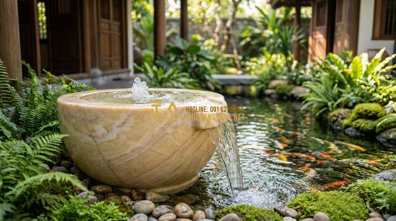 Tạo ảnh tiếng Anh: A professional landscape design featuring a natural stone mortar repurposed as a small water fountain. Crystal clear water overflows into a pond filled with koi fish, surrounded by lush green ferns and pebbles. High-end backyard decor, 4k.