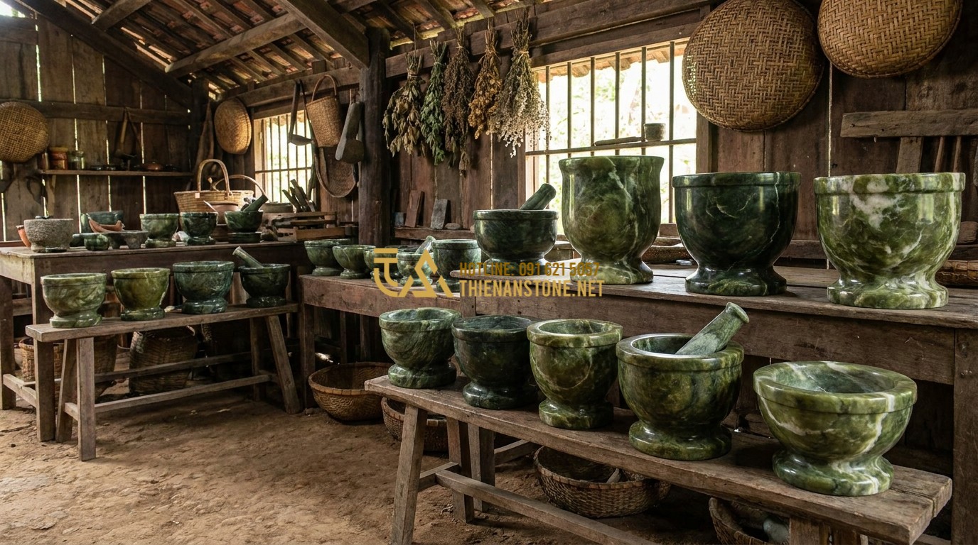 Tạo ảnh tiếng Anh: A collection of various old stone mortars in a rustic workshop setting. Each mortar has a unique shape and color, from grey basalt to speckled granite. Soft lighting highlights the hand-carved details and textures. Professional workshop photo.