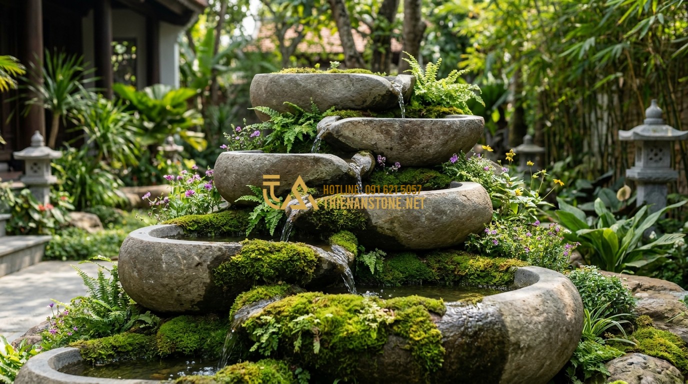 Tạo ảnh tiếng Anh: An artistic garden installation where multiple stone mortars are stacked to create a vertical water feature. Water flows gracefully from one to another, covered in lush green moss and small wildflowers. High-end landscaping design, 8k.