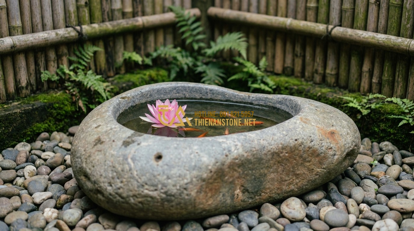 Tạo ảnh tiếng Anh: A serene Zen garden corner featuring a stone mortar filled with water and a single blooming lotus flower. Small goldfish swim inside. Surrounding the mortar are smooth river pebbles and a bamboo fence. Peace and tranquility atmosphere, 4k.