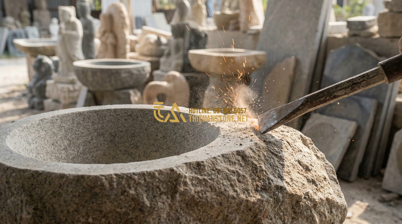 Tạo ảnh tiếng Anh: A professional worker at Thien An Stone workshop carefully hand-carving a large stone mortar. Sparks fly as the chisel hits the rock. The background shows many other high-quality stone products. Authentic and craftsmanship-focused atmosphere.