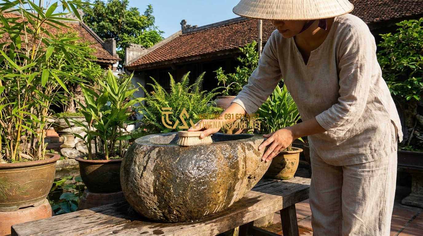 Tạo ảnh tiếng Anh: A person gently cleaning a beautiful stone mortar fountain in a bright sunny courtyard. The water sparkles as it reflects the light. The overall scene is peaceful and homey, showing the care for natural decor elements.