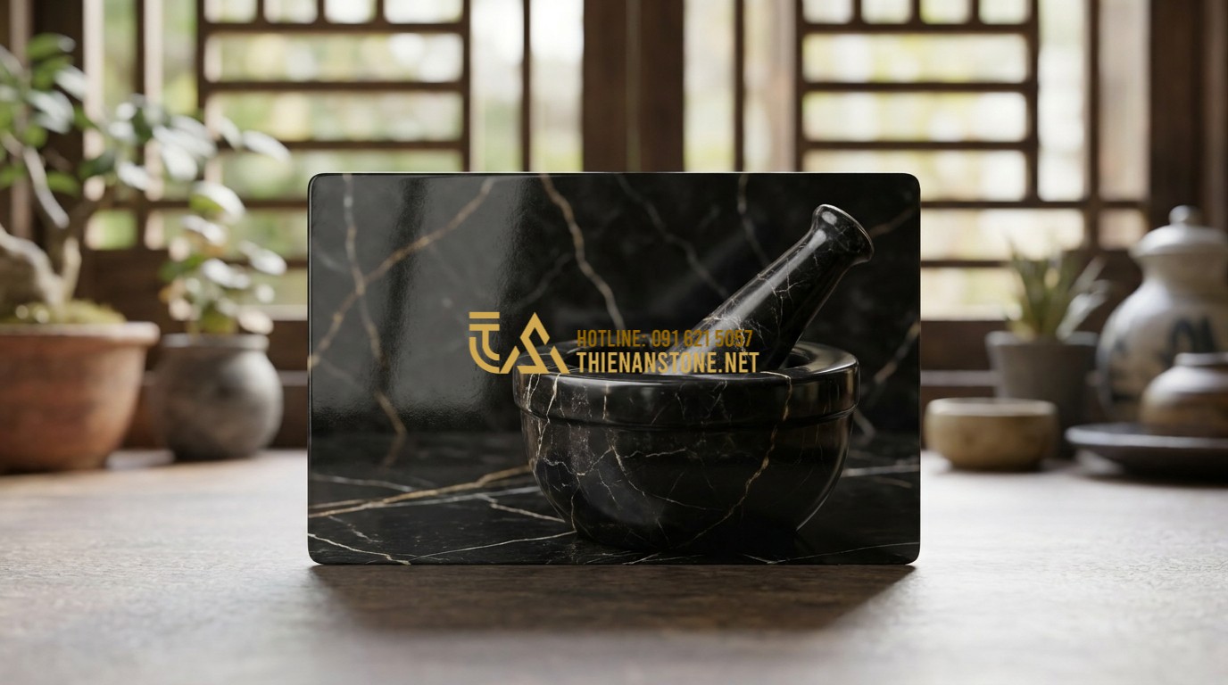 Tạo ảnh tiếng Anh: A professional business card style graphic showing the logo of Thien An Stone with an elegant stone mortar image in the background. Contact information is clearly displayed in a luxury and trustworthy layout.