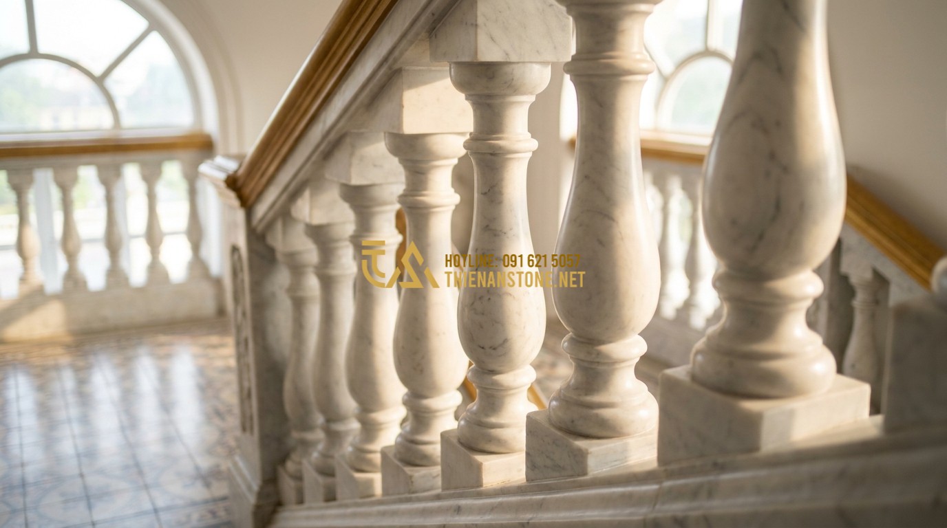 Tạo ảnh tiếng Anh: A close-up shot of elegant white marble stone balusters on a grand staircase. The sunlight creates soft shadows, highlighting the smooth curves and natural veins of the stone. Professional architectural photography, high resolution, luxury palace style.