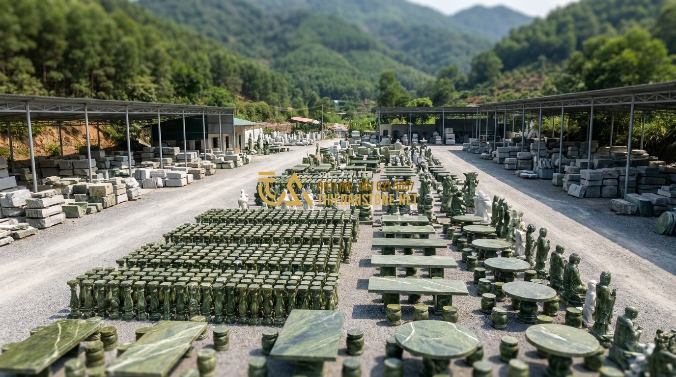 Tạo ảnh tiếng Anh: An aerial view of Thien An Stone workshop in Phu Tho, surrounded by mountains. Large areas filled with finished stone products like balusters, tables, and statues. Professional workers are busy in a safe and organized environment. Bright daylight, expansive feel.