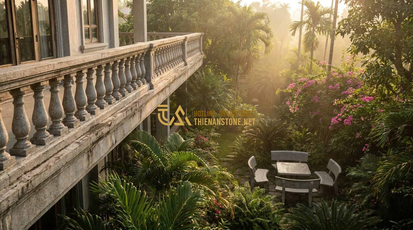 Tạo ảnh tiếng Anh: A panoramic view of a classical villa garden with a long balcony decorated with stone balusters. In the corner, there is a set of matching natural stone tables and chairs. The garden is lush with green plants and flowers, soft morning light, cinematic atmosphere.