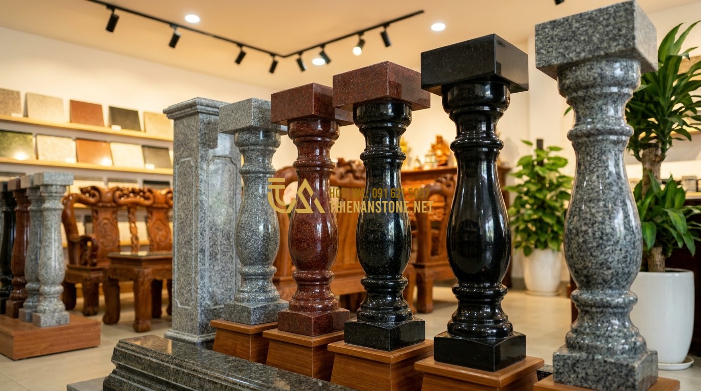 Tạo ảnh tiếng Anh: A collection of various granite stone balusters in different colors: grey, red, and black. They are displayed in a professional showroom with soft spotlighting, showing the glossy polished surface and crystalline textures.