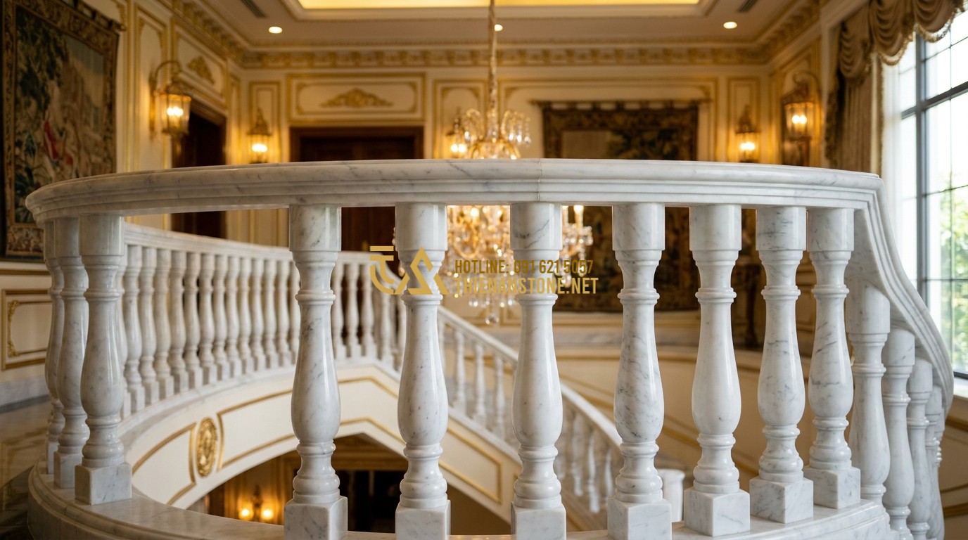 Tạo ảnh tiếng Anh: Beautiful white marble balusters installed on an indoor curved staircase. The background features luxury interior design with gold accents and warm lighting. The stone veins are delicate and artistic, 8k resolution, interior design magazine style.