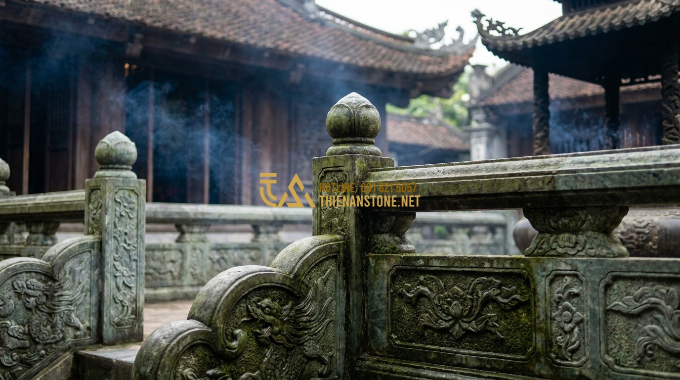 Tạo ảnh tiếng Anh: Traditional blue stone balusters at a Vietnamese ancestral temple. The stones have a mossy green tint and carved patterns. The atmosphere is solemn and ancient, with incense smoke and wooden traditional architecture in the background.