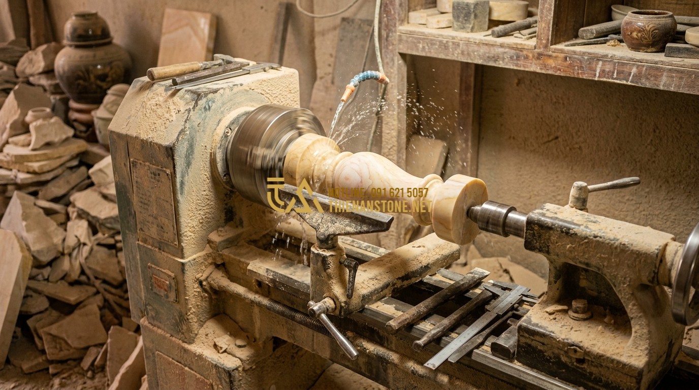 Tạo ảnh tiếng Anh: A skilled craftsman focusing on a stone turning lathe. He is shaping a marble baluster, fine stone dust and water visible. The craftsman's hands are steady, showing years of experience. Warm lighting, artistic workshop atmosphere.