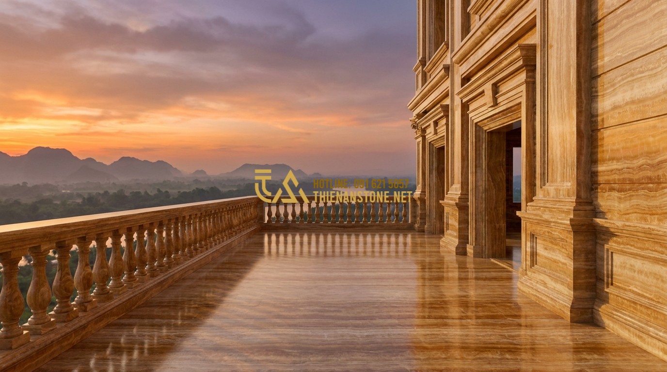 Tạo ảnh tiếng Anh: A wide balcony of a neoclassical mansion with a long row of stone balusters. The floor is also paved with natural stone. Beyond the balcony is a sunset view. The architecture is grand and symmetrical, high quality 3D rendering style.