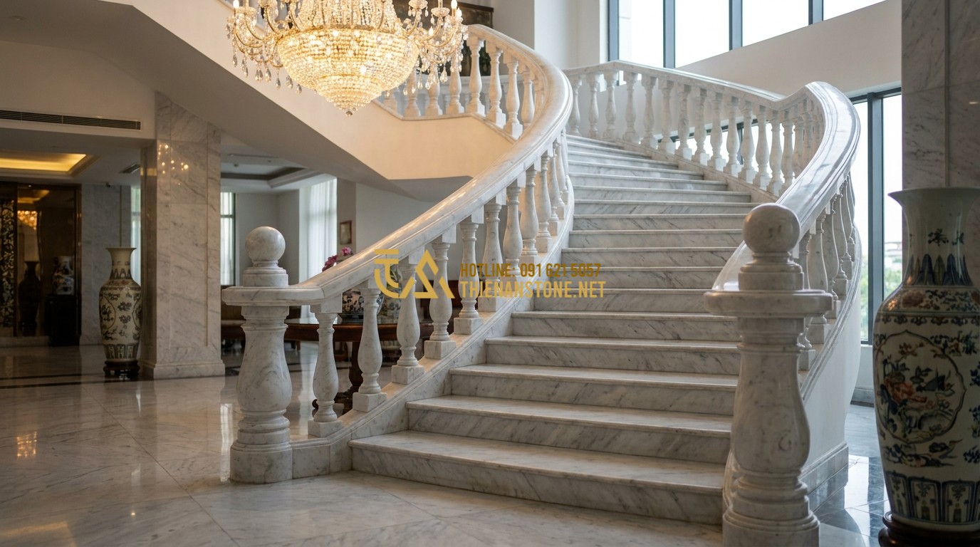 Tạo ảnh tiếng Anh: A grand indoor staircase in a luxury hotel lobby featuring sophisticated stone balusters and a wide stone handrail. The staircase curves beautifully, and a crystal chandelier hangs above, casting shimmering light on the stone surfaces.