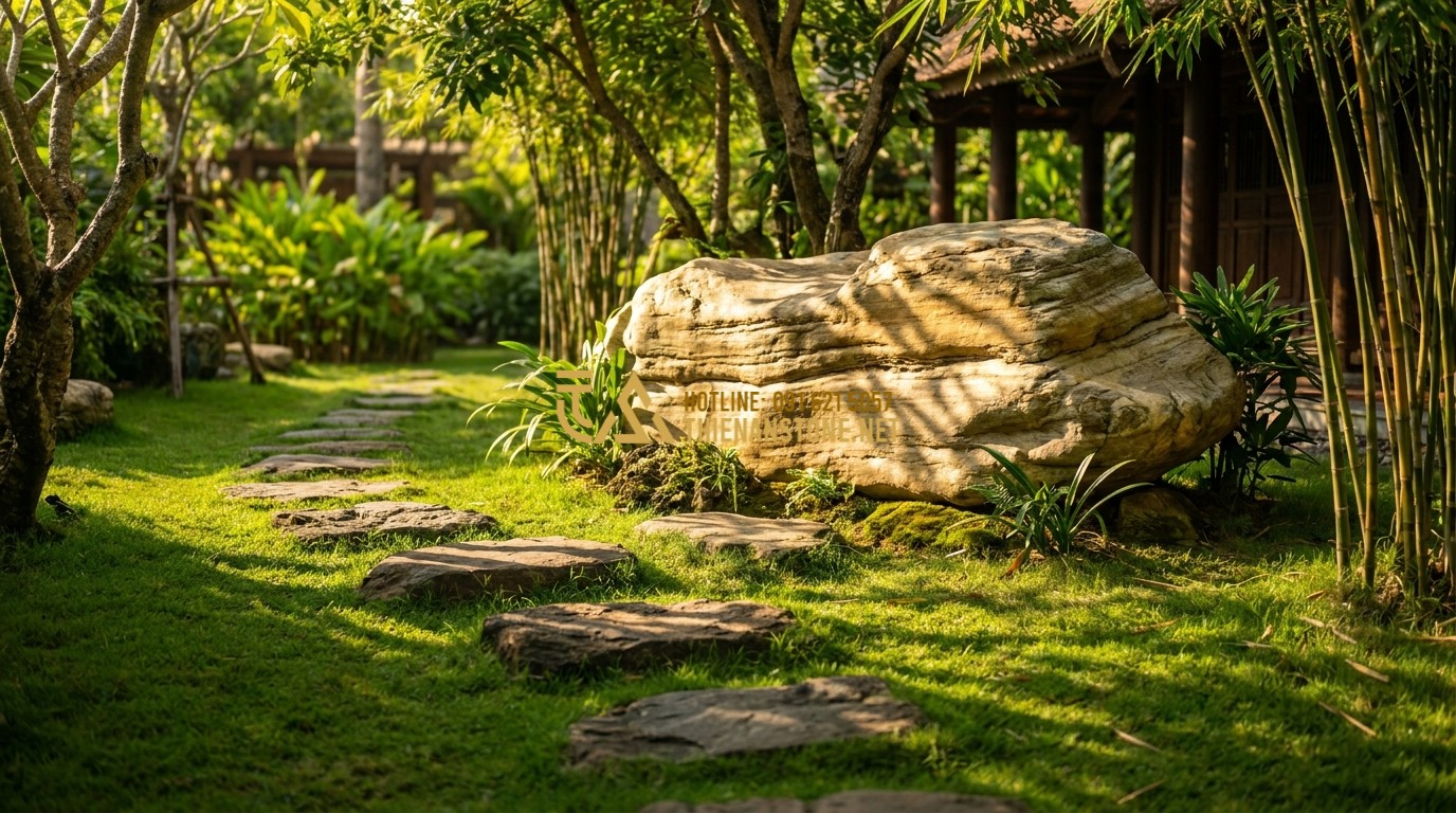 Tạo ảnh tiếng Anh: A high-quality, ultra-realistic photograph of a beautiful garden path featuring natural stone stepping stones set seamlessly into lush green grass. Warm sunlight filtering through the trees, creating a peaceful and inviting atmosphere. Professional landscape photography, 8k resolution, photorealistic.