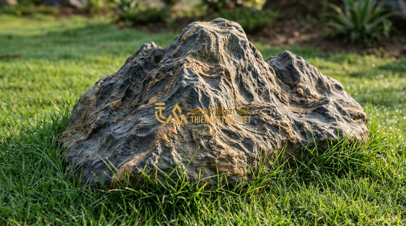 Tạo ảnh tiếng Anh: Close-up macro shot of an irregular natural stepping stone resting on a vibrant green lawn. The texture of the stone is highly detailed, showing natural rough patterns and earthy tones. Morning dew drops are visible on the grass blades. High-end architectural landscape detail, 4k, realistic lighting.