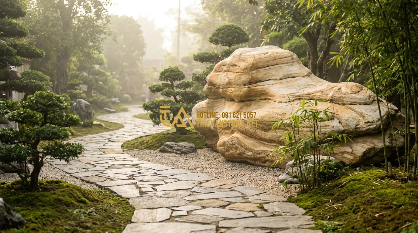 Tạo ảnh tiếng Anh: A winding, beautifully curved garden pathway made of irregular natural stone slabs. The path meanders through a traditional Japanese Zen garden with small pebbles, moss, and carefully pruned bonsai trees. Soft, misty ambient light creating a peaceful, meditative environment. Architectural rendering, photorealistic.