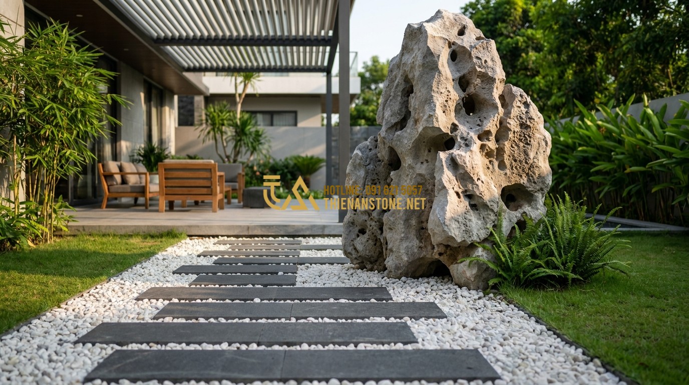 Tạo ảnh tiếng Anh: A stylish modern backyard landscape showing a straight path of precisely cut rectangular dark basalt stepping stones laid over white decorative pebbles. Geometric design, minimalist aesthetic, contrasting colors. Modern outdoor living space, high-end photography, cinematic lighting.