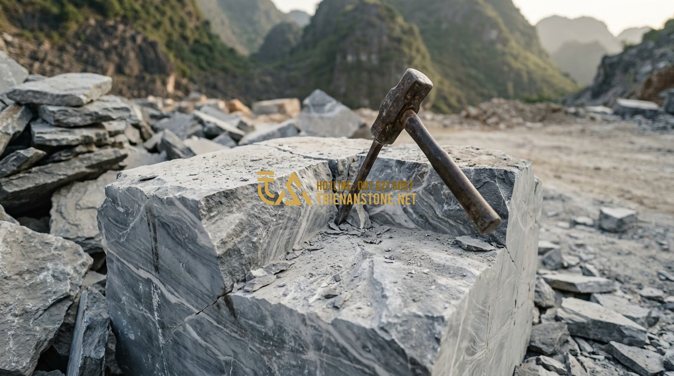 Tạo ảnh tiếng Anh: Professional close-up photo of a skilled craftsman splitting a natural stone block with a chisel and hammer, surrounded by piles of raw slate and schist in a mountain quarry. The lighting highlights the texture and dust of the stone. Cinematic style.