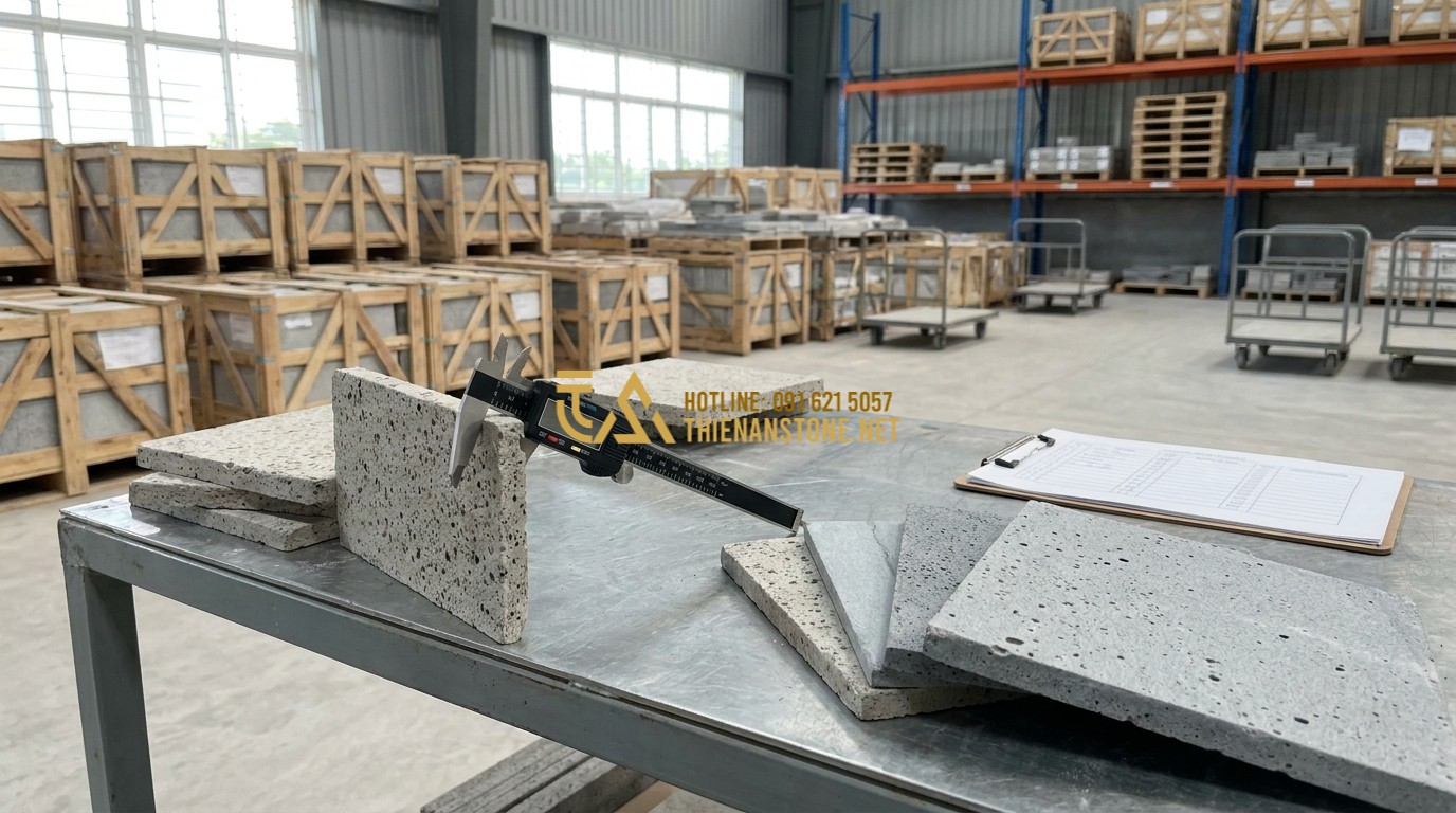 Tạo ảnh tiếng Anh: A professional quality control inspector examining split stone tiles in a warehouse. Using a caliper to measure thickness and checking the surface color consistency. Clean and organized industrial environment.