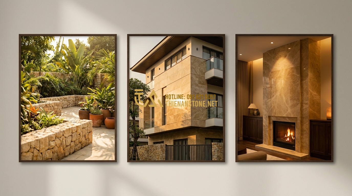 Tạo ảnh tiếng Anh: A montage showing various successful projects by Thien An Stone: a garden with split stone walls, a modern villa facade, and an interior fireplace. Warm colors and a sense of professional accomplishment and reliability.