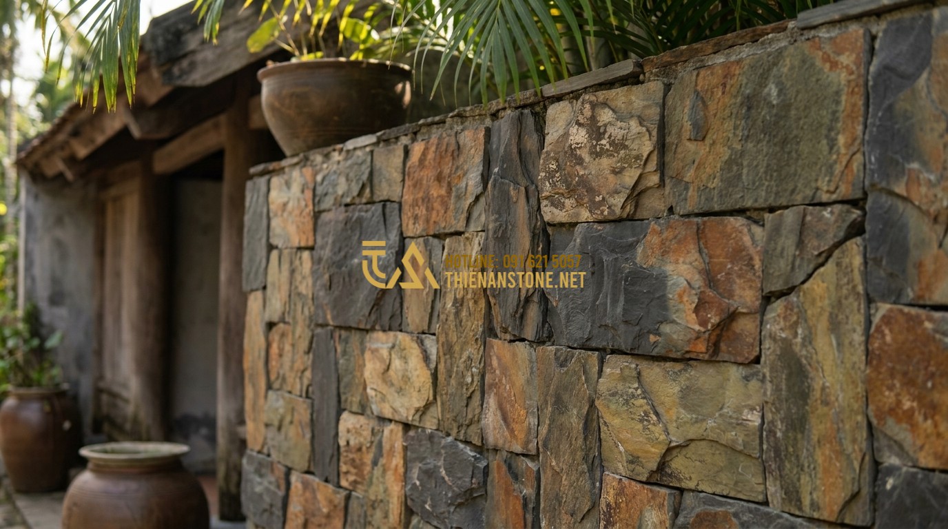 Tạo ảnh tiếng Anh: A high-resolution image showcasing a variety of split stones in different colors like black, yellow, and rusty grey arranged neatly. The textures are rough and natural, perfect for wall cladding. Soft daylight highlights the mineral details.