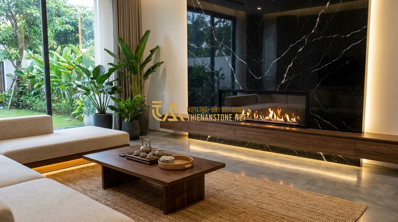 Tạo ảnh tiếng Anh: Interior of a luxury modern living room featuring a feature wall made of black split stone. A warm fireplace is embedded in the stone wall, creating a cozy atmosphere. Minimalist furniture and soft ambient lighting. 8k resolution.