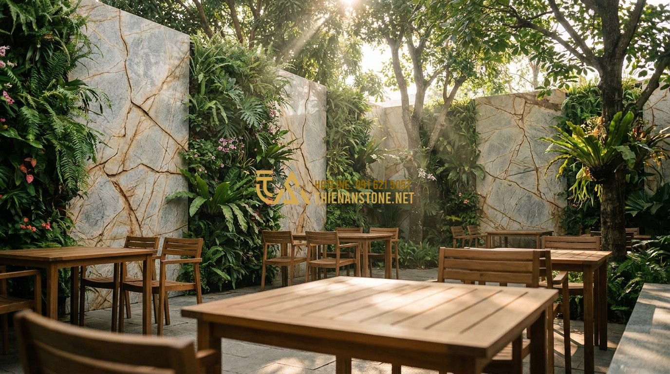Tạo ảnh tiếng Anh: A stylish outdoor cafe garden with stone walls and wooden tables. The walls are decorated with yellow and rusty split stones, integrated with vertical gardens. Sunbeams filter through tree leaves, professional outdoor photography.