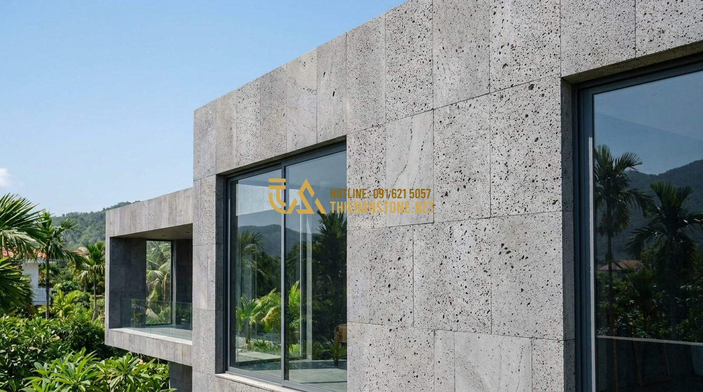 Tạo ảnh tiếng Anh: Exterior of a modern minimalist villa with a large facade clad in natural split stone. Large glass windows reflect the surrounding green landscape. The stone texture is prominent and elegant under the clear blue sky.